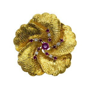 Shreve & Co. Ruby Diamond Flower Brooch